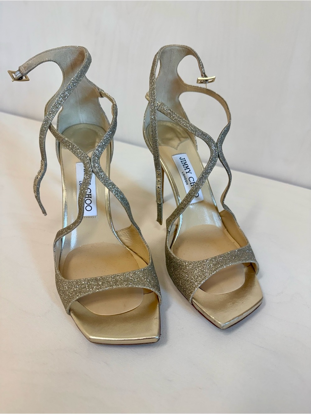 Jimmy Choo Gold Glitter Wavy-Strap Stiletto Sandals